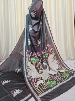 Charcoal Brown Swan and Lotus Pond Kantha Stitch Blended Bangalore Silk Saree