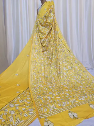 Mustard Yellow Botanical Lotus Jaal Kantha Stitch Blended Bangalore Silk Saree