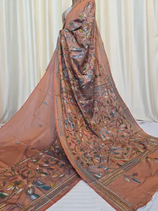 Dusty Peach Songbird and Floral Garden Kantha Stitch Blended Bangalore Silk Saree