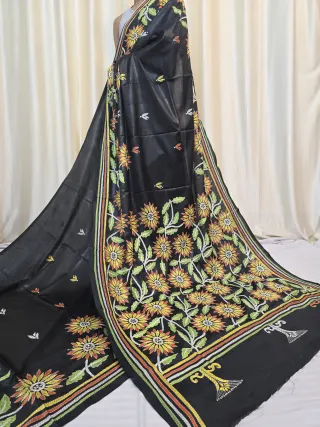 Jet Black Blooming Sunflower Floral Jaal Kantha Stitch Blended Bangalore Silk Saree