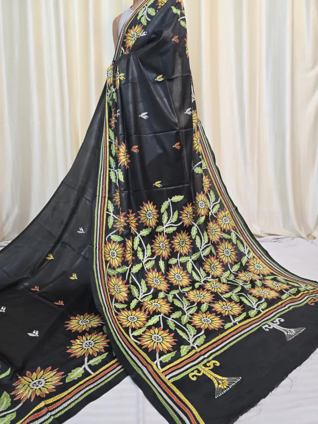 Jet Black Blooming Sunflower Floral Jaal Kantha Stitch Blended Bangalore Silk Saree