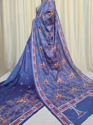 Lavender Blue Songbird and Leafy Tree Kantha Stitch Blended Bangalore Silk Saree