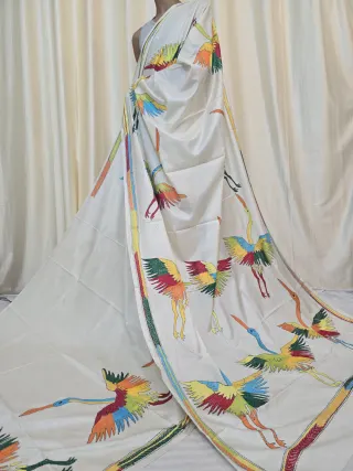 Off-White Cream Flying Crane Kantha Stitch Blended Bangalore Silk Saree