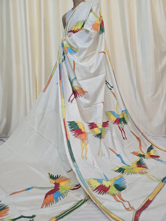 Off-White Cream Flying Crane Kantha Stitch Blended Bangalore Silk Saree