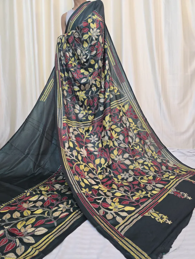 Jet Black Botanical Floral Tree Jaal Kantha Stitch Blended Bangalore Silk Saree