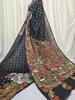 Jet Black Hibiscus Tree of Life Kantha Stitch Blended Bangalore Silk Saree
