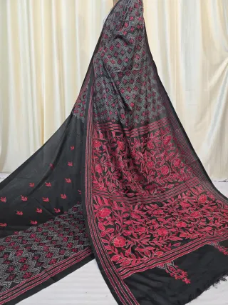 Jet Black Crimson Red Floral Garden and Geometric Grid Kantha Stitch Blended Bangalore Silk Saree