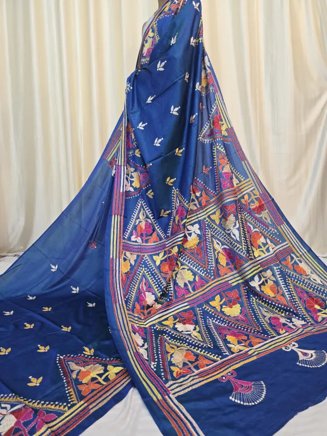Royal Blue Multi-Colour Chevron Zigzag and Floral Kantha Stitch Blended Bangalore Silk Saree
