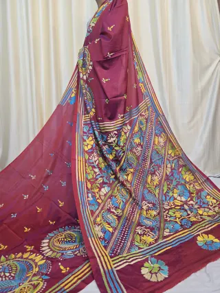Deep Rani Magenta Multi-Colour Diagonal Floral and Paisley Kalka Kantha Stitch Blended Bangalore Silk Saree