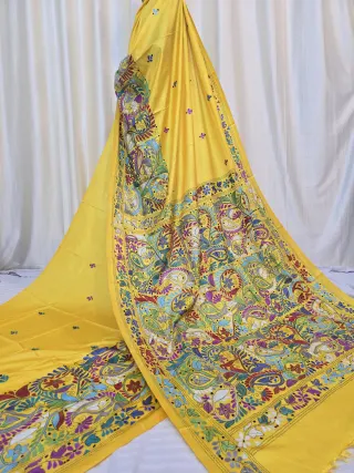 Lemon Yellow Peacock and Paisley Kalka Kantha Stitch Blended Bangalore Silk Saree