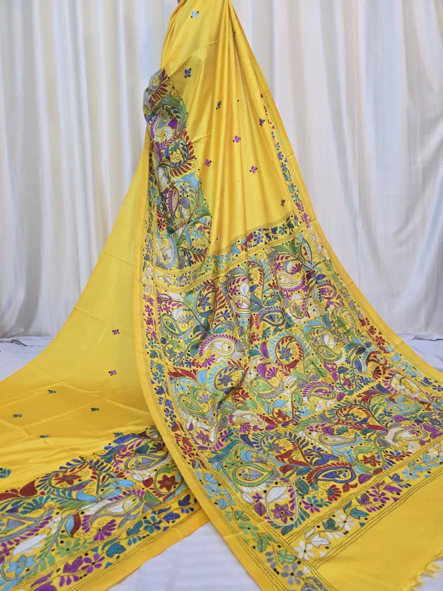 Lemon Yellow Peacock and Paisley Kalka Kantha Stitch Blended Bangalore Silk Saree