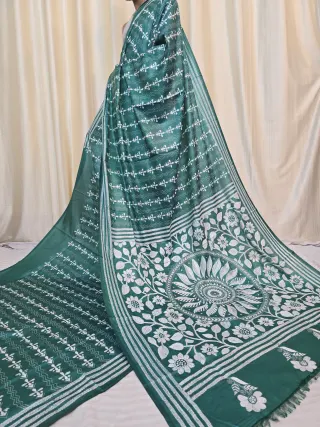 Emerald Pine Green Floral Sun Medallion Monochromatic White Thread Kantha Stitch Blended Bangalore Silk Saree