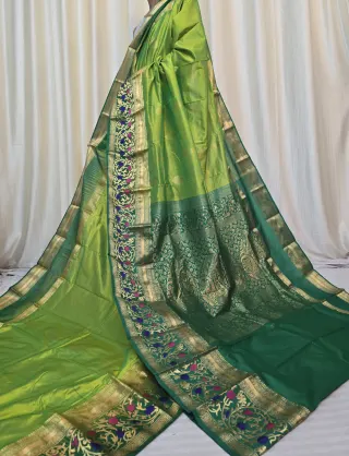 Lemon Green and Emerald Contrast Meena Work Pure Mulberry Silk Kanjivaram Saree