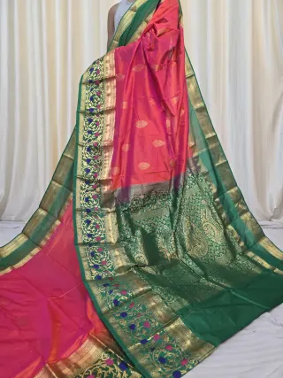 Strawberry Pink and Emerald Contrast Meena Work Pure Mulberry Silk Kanjivaram Saree