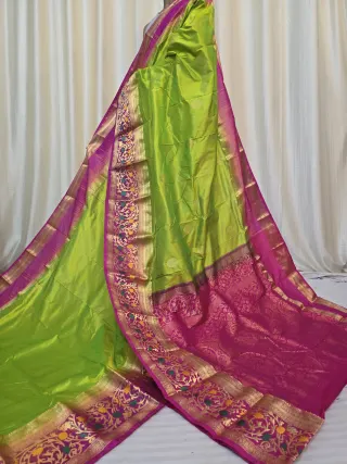 Lemon Green and Rani Pink Contrast Meena Work Pure Mulberry Silk Kanjivaram Saree