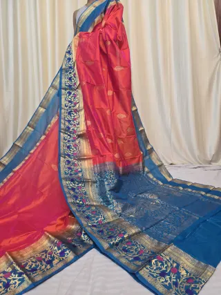 Dual-Tone Orange and Krishna Blue Contrast Meena Work Pure Mulberry Silk Kanjivaram Saree