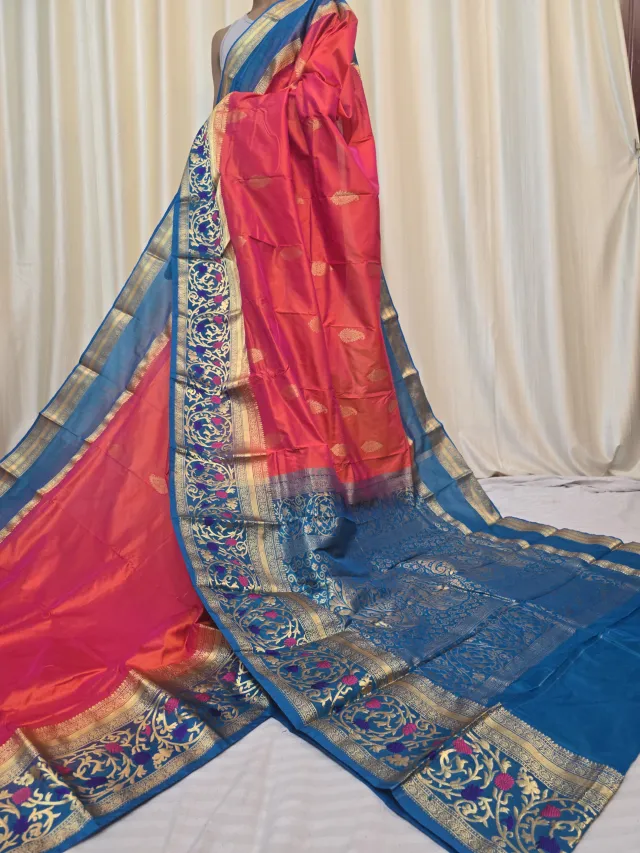 Dual-Tone Orange and Krishna Blue Contrast Meena Work Pure Mulberry Silk Kanjivaram Saree