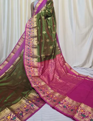 Sawla Green and Rani Pink Contrast Meena Work Pure Mulberry Silk Kanjivaram Saree