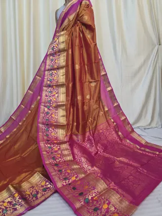 Copper Orange and Rani Pink Contrast Meena Work Pure Mulberry Silk Kanjivaram Saree