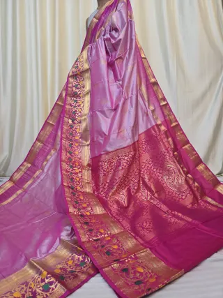 Onion Pink and Rani Pink Contrast Meena Work Pure Mulberry Silk Kanjivaram Saree