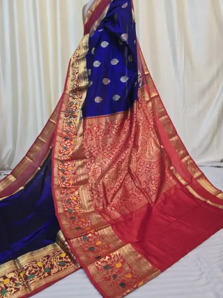 Royal Blue and Maroon Contrast Meena Work Pure Mulberry Silk Kanjivaram Saree