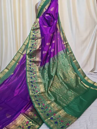 Royal Purple and Emerald Contrast Meena Work Pure Mulberry Silk Kanjivaram Saree