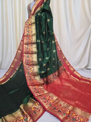 Bottle Green and Crimson Red Contrast Meena Work Pure Mulberry Silk Kanjivaram Saree
