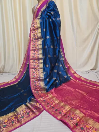 Peacock Blue and Rani Pink Contrast Meena Work Pure Mulberry Silk Kanjivaram Saree