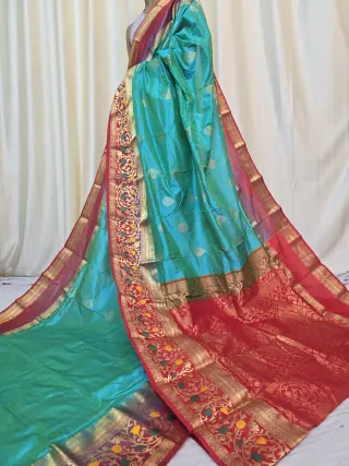 Sea Green and Red Contrast Meena Work Pure Mulberry Silk Kanjivaram Saree