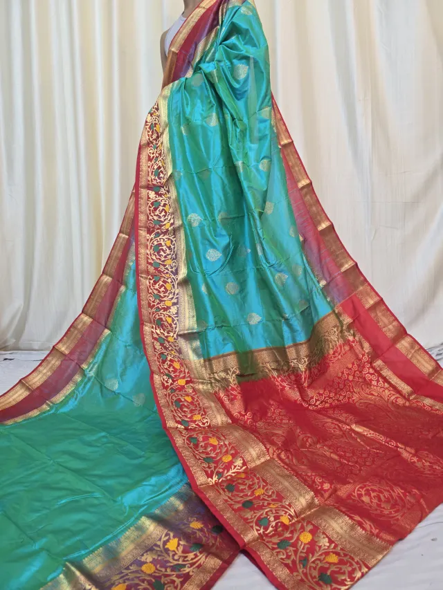 Sea Green and Red Contrast Meena Work Pure Mulberry Silk Kanjivaram Saree