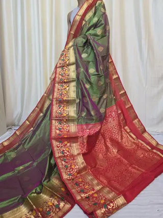 Olive Green and Red Contrast Meena Work Pure Mulberry Silk Kanjivaram Saree