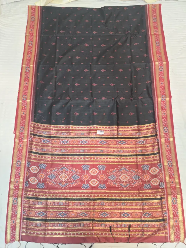 Charcoal Black and Maroon Handwoven Sambalpuri Cotton Ikkat Pure Cotton Saree