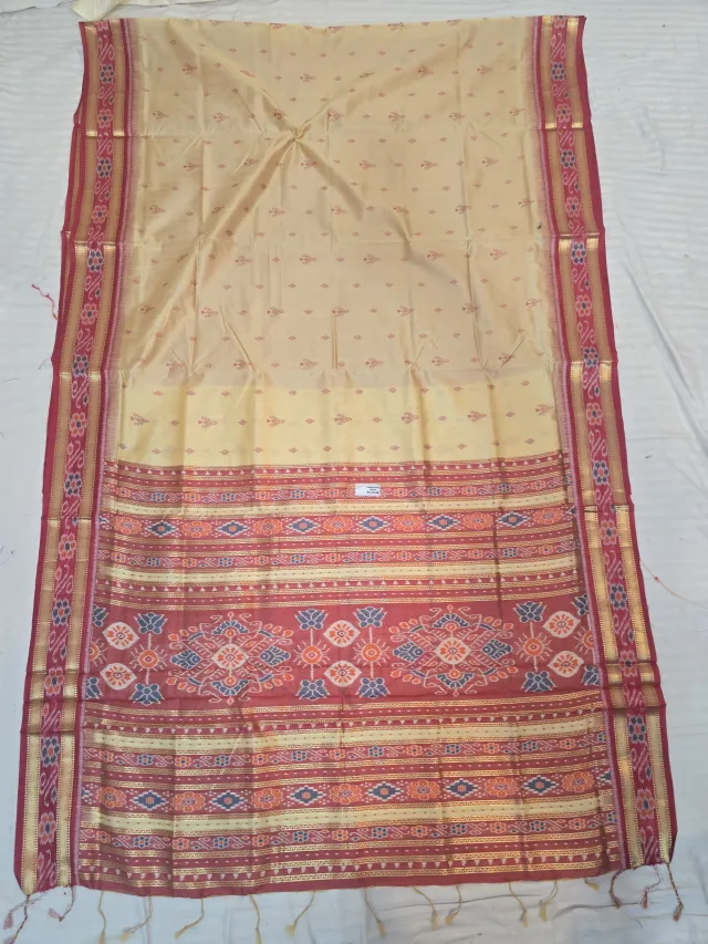 Sandalwood Cream and Maroon Handwoven Sambalpuri Cotton Ikkat Pure Cotton Saree