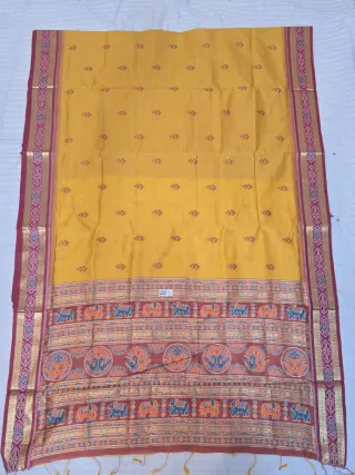 Mustard Yellow and Maroon Elephant Peacock Bandha Ikkat Handwoven Sambalpuri Pure Cotton Saree