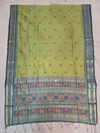 Sage Green and Peacock Teal Elephant Peacock Bandha Ikkat Handwoven Sambalpuri Pure Cotton Saree