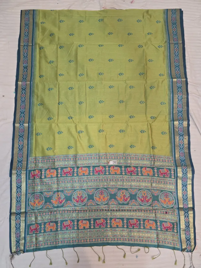 Sage Green and Peacock Teal Elephant Peacock Bandha Ikkat Handwoven Sambalpuri Pure Cotton Saree