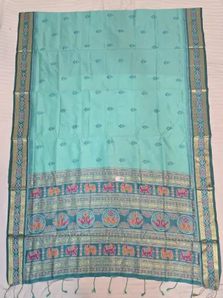 Sea Green and Peacock Teal Elephant Peacock Bandha Ikkat Handwoven Sambalpuri Pure Cotton Saree