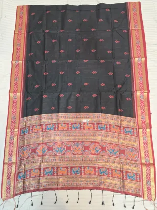 Charcoal Black and Red Elephant Peacock Bandha Ikkat Handwoven Sambalpuri Pure Cotton Saree
