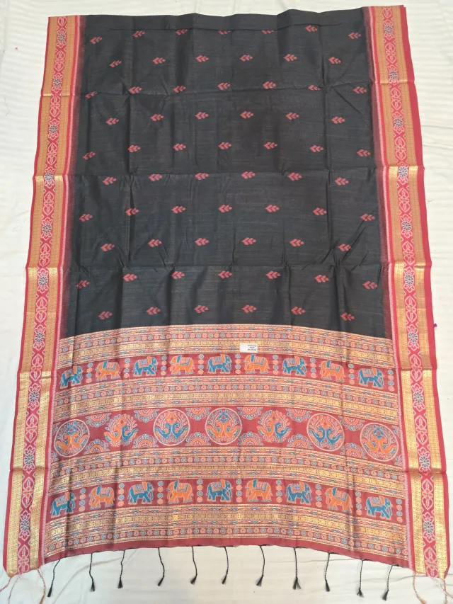 Charcoal Black and Red Elephant Peacock Bandha Ikkat Handwoven Sambalpuri Pure Cotton Saree