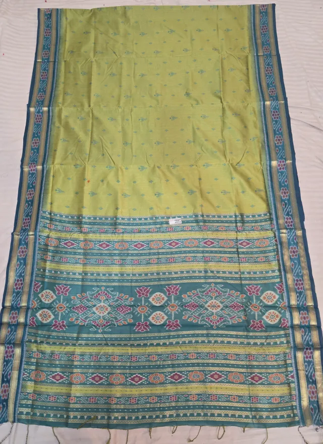 Sage Green and Peacock Teal Handwoven Sambalpuri Cotton Ikkat Pure Cotton Saree