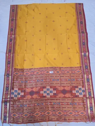 Mustard Yellow and Maroon Peacock Diamond Bandha Ikkat Handwoven Sambalpuri Pure Cotton Saree