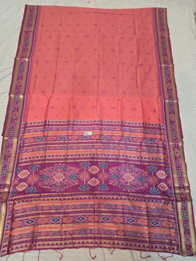 Peach and Magenta Purple Handwoven Sambalpuri Cotton Ikkat Pure Cotton Saree