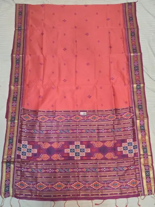 Peach and Magenta Purple Peacock Diamond Bandha Ikkat Handwoven Sambalpuri Pure Cotton Saree