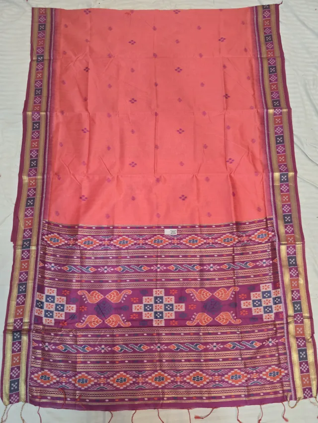Peach and Magenta Purple Peacock Diamond Bandha Ikkat Handwoven Sambalpuri Pure Cotton Saree