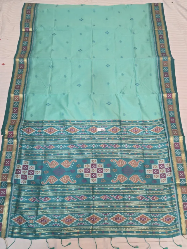 Sea Green and Peacock Teal Peacock Diamond Bandha Ikkat Handwoven Sambalpuri Pure Cotton Saree