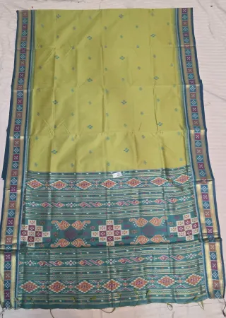 Sage Green and Peacock Teal Peacock Diamond Bandha Ikkat Handwoven Sambalpuri Pure Cotton Saree
