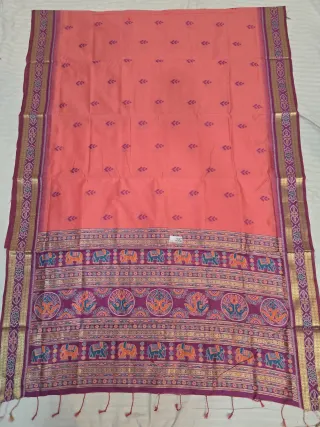 Peach and Magenta Purple Elephant Peacock Bandha Ikkat Handwoven Sambalpuri Pure Cotton Saree