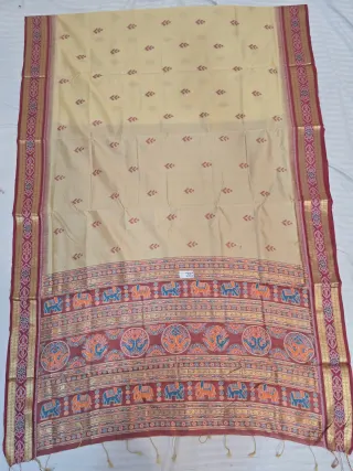 Sandalwood Cream and Maroon Elephant Peacock Bandha Ikkat Handwoven Sambalpuri Pure Cotton Saree