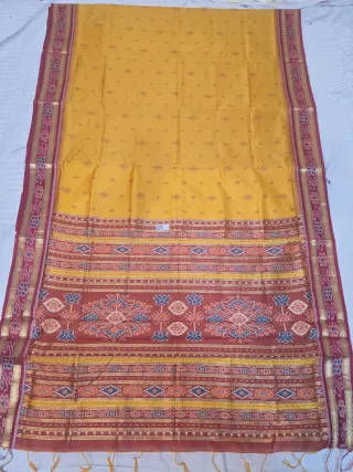 Mustard Yellow and Maroon Handwoven Sambalpuri Cotton Ikkat Pure Cotton Saree