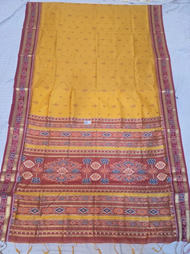 Mustard Yellow and Maroon Handwoven Sambalpuri Cotton Ikkat Pure Cotton Saree